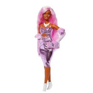 Curvy Barbiecore Pink Hair Barbie Doll Deluxe Style #1 Glam Shiny Metallic Dress